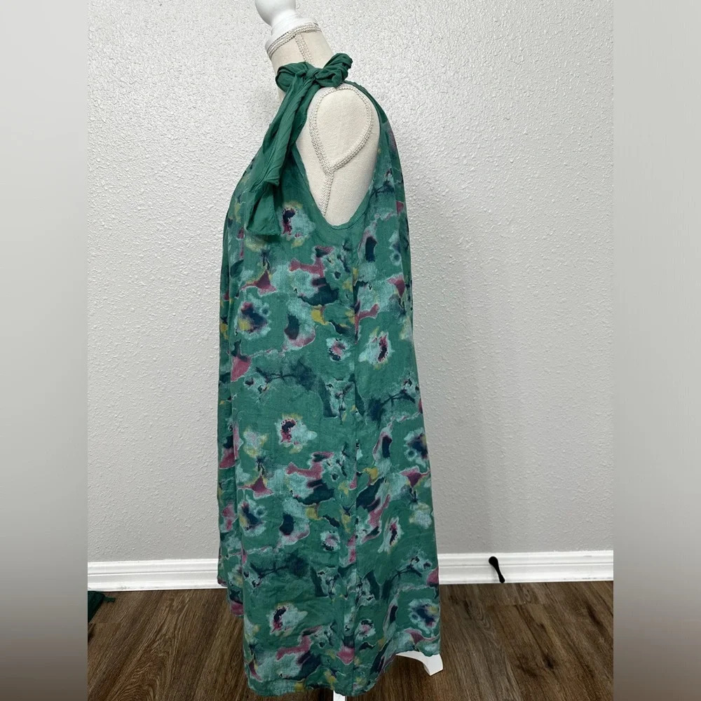 Bellambra Pure Linen Dress Made In Italy Halter Green Floral Pullover Tie Size L - Picture 4 of 10